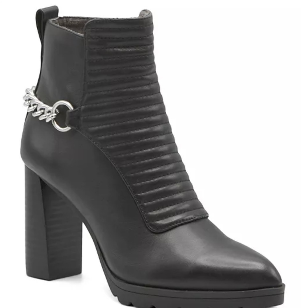 Adrienne Vittadini Women’s Niles Heeled Ankle leather Booties with Chain